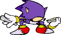 a cartoon drawing of a purple sonic the hedgehog holding something