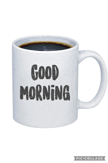 a white coffee mug with the words good morning on it