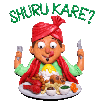 a cartoon of a man holding a knife and fork with the words " shuru kare " written above him