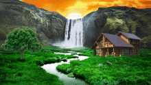 a house in front of a waterfall with the sun shining on it