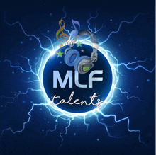 a logo for mcf talents with headphones on a blue background