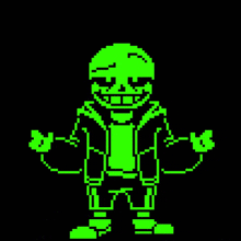 a green pixel art of sans from undertale is standing with his arms outstretched .