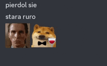 a doge wearing a bow tie is holding a glass of wine next to a picture of a man .