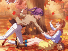 a couple of anime girls are playing in the leaves in a park