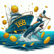 a man is riding a shark on the back of a boat that says ballon 168