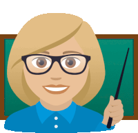 a woman wearing glasses holds a pointer in front of a chalkboard