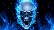 a skull that is surrounded by blue flames