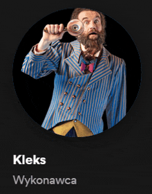 a man in a striped suit is holding a magnifying glass and the name kleks is on the bottom