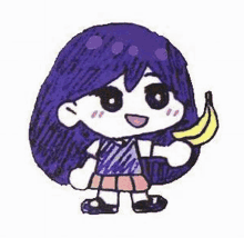 a girl with purple hair is holding a banana in her hand .