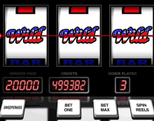 a slot machine with a winner paid of 20000 coins played of 499382