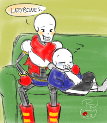 a drawing of papyrus and sans sitting on a couch with the words " lazy bones " above them