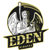 a logo for the eden pirates shows a man with wings holding a hourglass