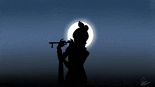 a silhouette of a person playing a flute in front of a moon