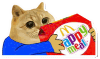 a cat is holding a box of mcdonald 's happy meal cereal