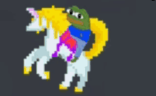 a pixel art drawing of a frog riding a unicorn