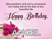 a pink birthday card for angel with pink roses