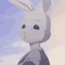 a white rabbit with a sad look on its face is wearing a blue shirt