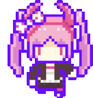 a pixel art of a girl with pink hair and a purple jacket .