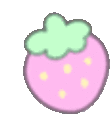 a pink strawberry with a green stem and yellow dots on it .