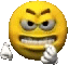 a yellow smiley face with a very angry face and white gloves on a white background .