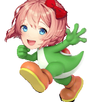 a little girl with pink hair and blue eyes is dressed as yoshi