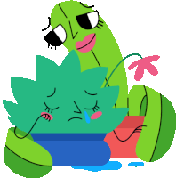 a cartoon illustration of a green plant with a pink flower in the background