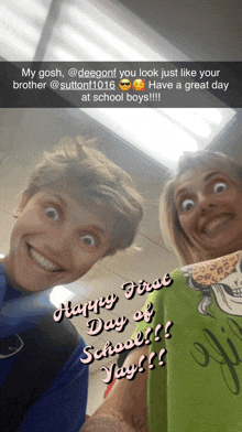 a woman and a boy are posing for a picture and the caption says happy first day of school