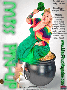 a woman in a green dress is on the cover of a magazine called miss pin up