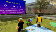 a video game screen shows a flash mob event starting at 6 pm