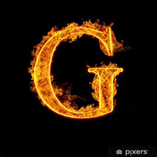 the letter g is made of fire on a black background .