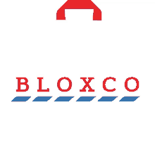 a red white and blue logo for bloxco with a red handle