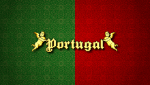 a green and red background with the word portugal in gold letters