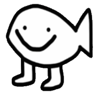 a black and white drawing of a fish with a smile on its face and legs .