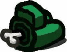 a cartoon drawing of a green item with a white t on it .