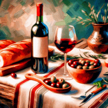 a painting of a bottle of wine a glass of wine a bowl of olives and bread