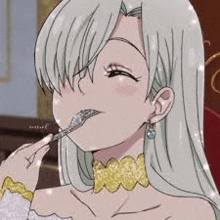 elizabeth from the seven deadly sins is eating something with a spoon in her mouth .