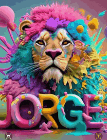 a colorful painting of a lion with the name jorge below it