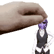 a hand is reaching out towards a doll with a purple mask on her face .