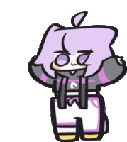 a cartoon drawing of a person with purple hair and a hoodie .