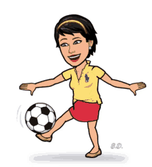 a cartoon of a woman kicking a soccer ball with the letters b.d. below her