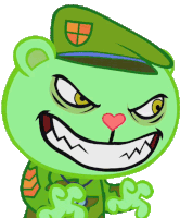 a cartoon of a green bear with a hat and a shield on it