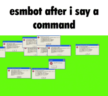 a green screen with a bunch of error messages on it and the words esmbot after i say a command