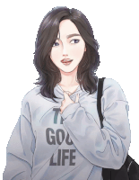 a drawing of a woman wearing a hoodie that says good life