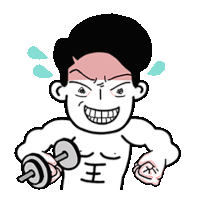 a cartoon of a man holding a dumbbell with chinese characters on his chest .