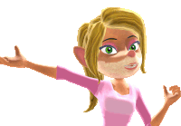 a cartoon girl with blonde hair and green eyes wearing a pink shirt