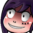 a close up of a cartoon character 's face with a purple hair and a smiley face .