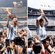 a man holding a trophy in front of a crowd and another man holding a trophy in front of a crowd