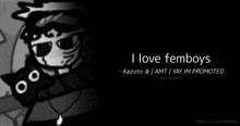 a black and white drawing of a man with a cat on his shoulder and the words `` i love femboys '' .