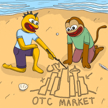 a cartoon of two monkeys playing on a beach with the words otc market written below them