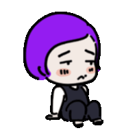 a cartoon of a girl with purple hair sitting down with a sad face .